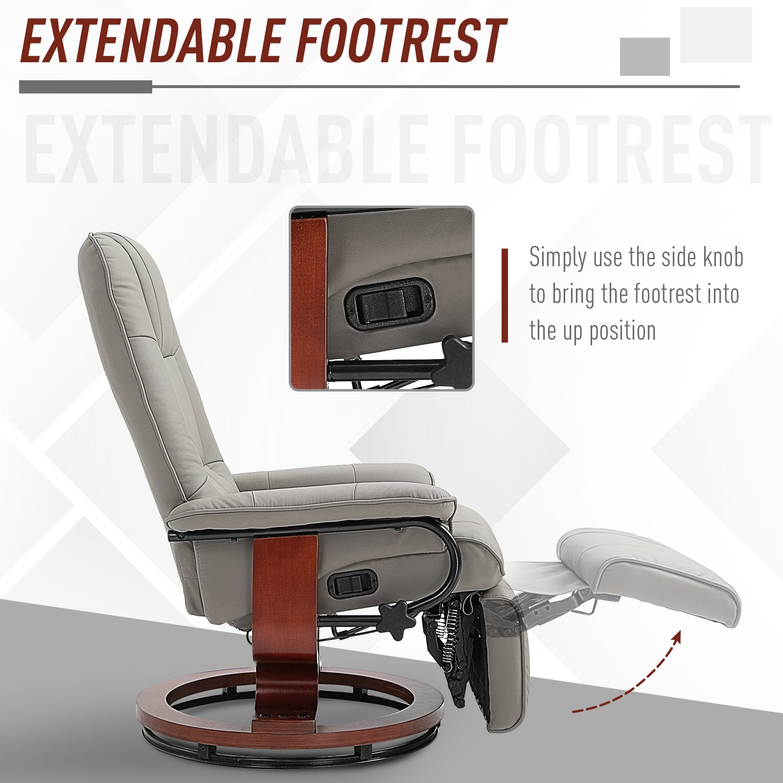 HOMCOM 360° Swivel Recliner Chair with Footstool, Manual Recliner Armchair with Wooden Base, Faux Leather Upholstered Reclining Chair for Living Room, Bedroom, Office, Grey